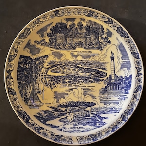 1940s Vernon Kilns of California Blue Transferware Souvenir 10.5&quot; Lookout Mountain, Tennessee Historic Location Plate