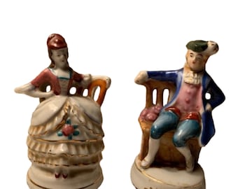 1940s Made in Occupied Japan 3.75" Glazed Porcelain Colonial Couple Figurines, Seated (pair)