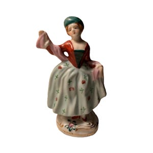 1940s Made in Occupied Japan 6.25&quot; Glazed Porcelain Victorian Dancing Woman Figurine