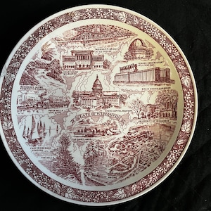 1940s Vernon Kilns of California Red Transferware Souvenir 10.25&quot; Wisconsin State Plate (imperfect; small chip)