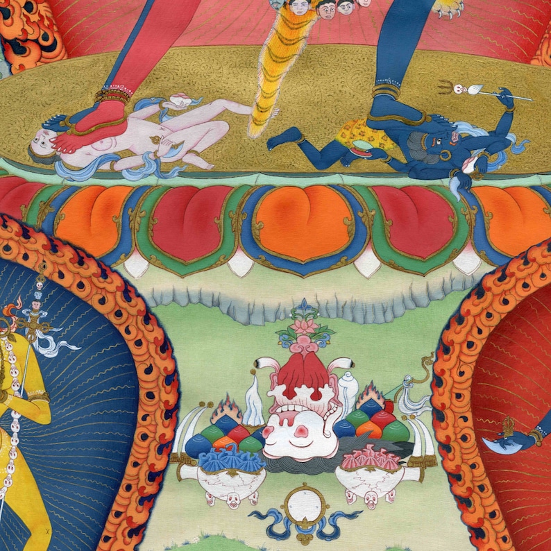 K&ouml;nnte beinhalten: Ein farbenfrohes tibetisches buddhistisches Gem&auml;lde, das eine Gottheit mit mehreren Armen und K&ouml;pfen zeigt, umgeben von anderen Figuren und Symbolen. Das Gem&auml;lde ist in einem traditionellen Stil mit aufwendigen Details und leuchtenden Farben ausgef&uuml;hrt.