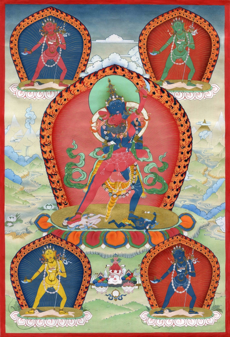 K&ouml;nnte beinhalten: Ein farbenfrohes tibetisches buddhistisches Gem&auml;lde, das eine Gottheit mit mehreren Armen und Beinen zeigt, umgeben von anderen Gottheiten in Mandalas. Die zentrale Gottheit ist rot und blau, mit einem gr&uuml;nen und roten Hintergrund.