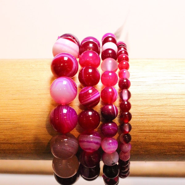 Bracelet Agate rose fushia en perles naturelles 4/6/8/10 mm