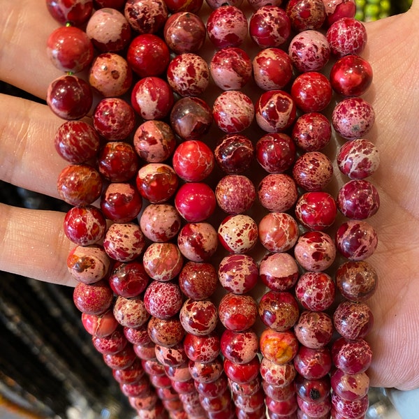 90 perles Jaspe impérial rouge en 4mm, 6mm (x63), 8mm (x48), 10mm (x38) Grade AAA, perle pierre semi précieux, Jaspe impérial