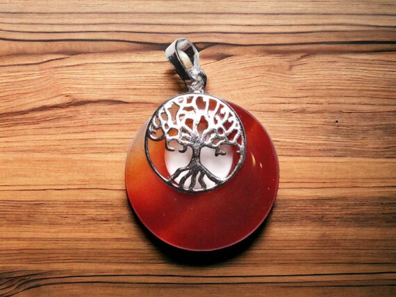 Pendentif Arbre De Vie En Cornaline - Pierre Naturelle Orange, Collier Plaqué Argent