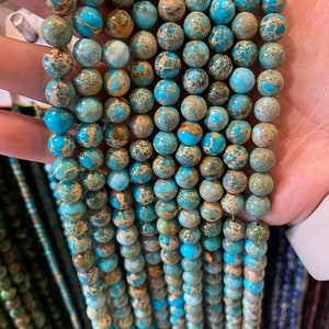 90 light blue Imperial Jasper beads in 4mm, 6mm (x63), 8mm (x48), 10mm (x38) Grade AAA, semi-precious stone bead, Imperial Jasper