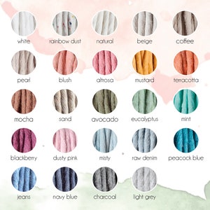 May include: A colour chart of 18 different colours of cotton rope. The colours are arranged in rows of five, with the names of each colour printed below the rope.
