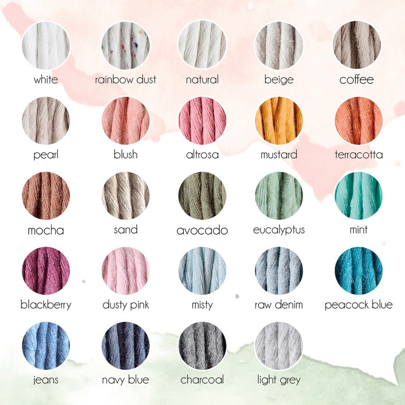 May include: A colour chart of 18 different colours of cotton rope. The colours are arranged in rows of five, with the names of each colour printed below the rope.