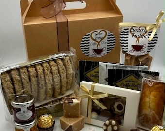Cesta de café italiano / Caja de regalo con dulces / Pasteles, galletas, fudge y chocolates / Cesta gourmet original / Para damas u caballeros