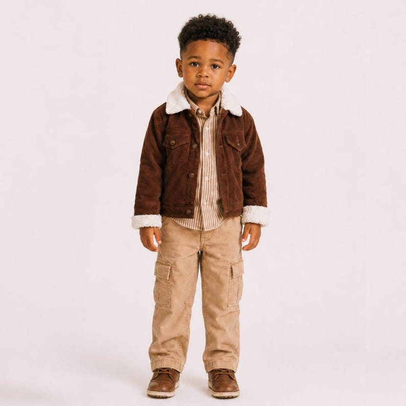 Puede incluir: Una chaqueta de pana marr&oacute;n con cuello y pu&ntilde;os de sherpa blanco, sobre una camisa de botones con rayas verticales en color canela y blanco, y pantalones cargo color canela. El conjunto se completa con zapatos de cuero marr&oacute;n.