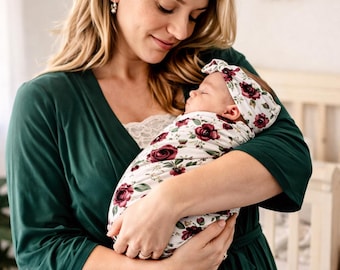 Emerald Green Labor Delivery Robe Floral Swaddle Set – Matching Mommy Me Hospital Outfit