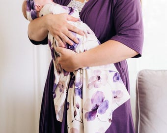Deep Purple Hospital Robe and Floral Swaddle Set, Rayon Blend, Newborn Gift