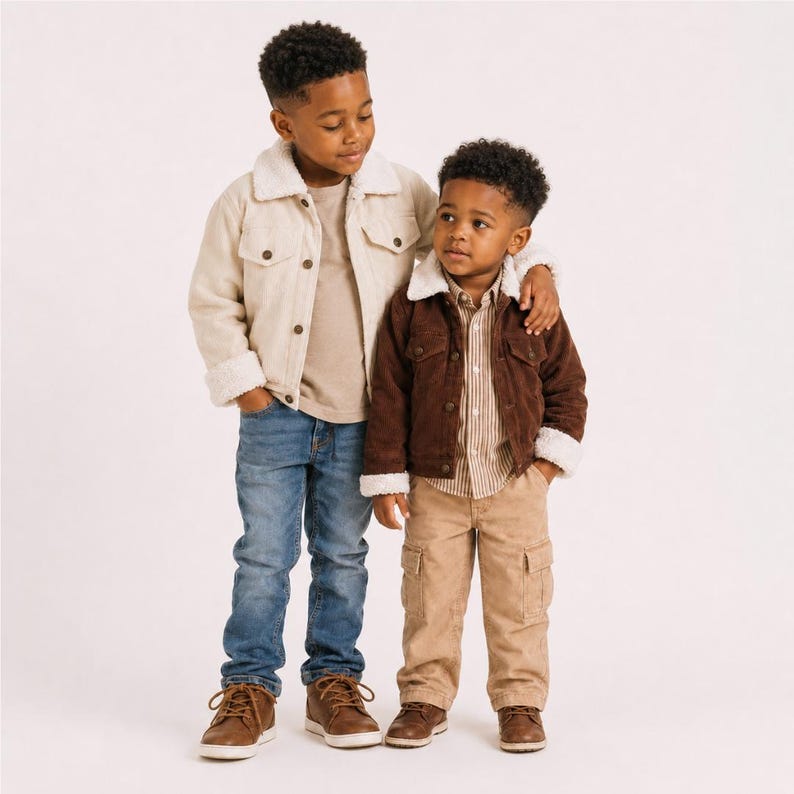 Puede incluir: Dos ni&ntilde;os con chaquetas de cuello de borreguillo blanco. El ni&ntilde;o m&aacute;s alto lleva una chaqueta de pana color crema, camiseta beige, vaqueros azules y botas marrones. El ni&ntilde;o m&aacute;s bajo lleva una chaqueta de pana marr&oacute;n y pantalones cargo color arena.