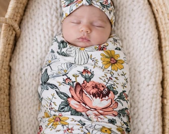 Floral Baby Girl Swaddle Set with Bow Headband & Hat | Newborn Photo Prop Outfit