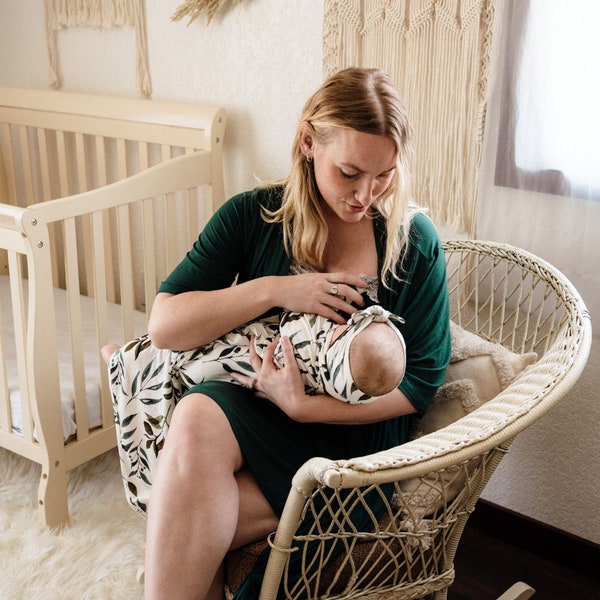 Emerald Green Matching Robe and Leafy Swaddle-Mother-Baby Shower Gift-New Mom Gift-Robe & Lace Singlet Nursing Dress-Hospital Gown-Delivery