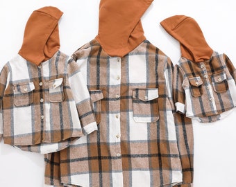 Hooded Brown Plaid Flannel Jacket, Matching Mommy and Son, Mommy and Me, Sibling Outfit, Infant, Family Matching, Mother's Day Gift, Baby