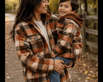 Camisas de franela a cuadros para mamá e hija, conjuntos familiares a juego en color marrón óxido, franela infantil de otoño, camisa a cuadros para mujer, conjunto para fotos familiares.