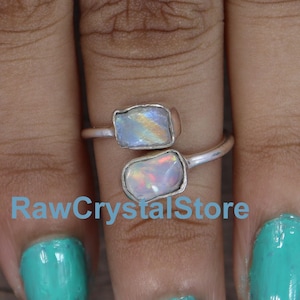 Raw Moonstone Opal Ring: Sterling Silver Adjustable Double Stone