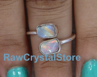 Raw Moonstone Opal Ring: Sterling Silver Adjustable Double Stone