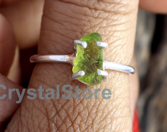 Raw Peridot Ring: Handmade 925 Sterling Silver Healing Crystal