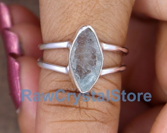 Raw Aquamarine Ring: Marquise Crystal, Double Band Sterling Silver