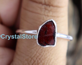 Raw Garnet Sterling Silver Ring: Uncut Crystal, Minimalist Band