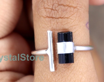 Raw Black Tourmaline Ring, 925 Sterling Silver, Adjustable Gemstone Band