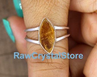 Raw Citrine Ring: Marquise 925 Sterling Silver Double Band