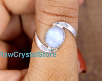 Blue Lace Agate Ring: Handmade 925 Sterling Silver Bohemian Band