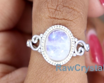 Blue Flash Rainbow Moonstone Sterling Silver Ring, Bezel Set Gemstone Anniversary Gift