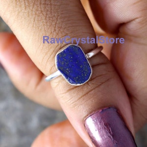Raw Lapis Lazuli Ring, Natural Lapis Lazuli Rough Ring, Sterling Silver Ring, Healing Raw Crystal Ring, Ring for Women, Christmas Boho Ring