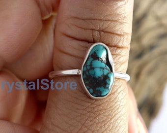 Handmade Raw Turquoise Ring, 925 Sterling Silver, Tibetan Jewelry