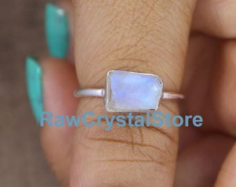 Raw Moonstone Ring: Boho 925 Sterling Silver Healing Crystal