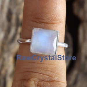 Moonstone Ring, Square Shape Blue Fire Moonstone Ring, Rainbow Moonstone Ring, Moonstone Silver Ring, 925 Sterling Silver Ring, Gift for Her
