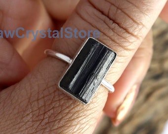 Rå svart turmalinring, stor sterlingsilver, kristallläkning