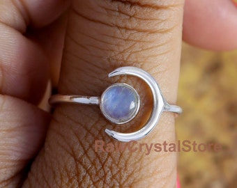 Anello Moonstone, 925 Sterling Silver Ring, Half Moon Ring, Blue Flash Ring, Rainbow Moonstone Ring, Moonstone Moon Ring, Anello lunare regolabile
