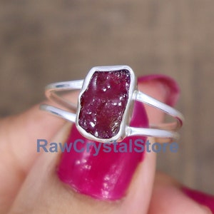 Natural Raw Ruby Ring, 925 Sterling Silver Ring, Birthstone Raw Crystal Ring, Raw Healing Crystal Ring, Gift for Her, Double Band Gift Ring