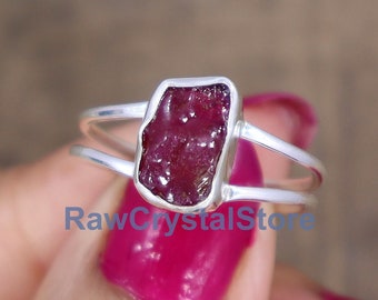 Raw Ruby Ring: Sterling Silver Double Band, Birthstone Crystal