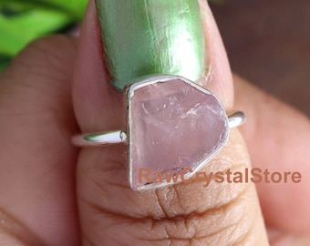Raw Rose Quartz Ring, 925 Sterling Silver, Promise Ring