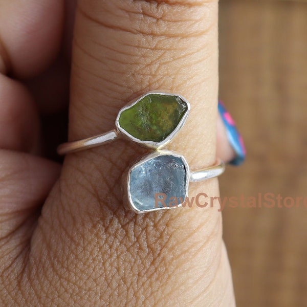 Raw Peridot Ring, Raw Aquamarine Ring, Healing Crystal Raw Ring, Sterling Silver Ring, Women Silver Ring, Double Stone Ring, Adjustable Ring