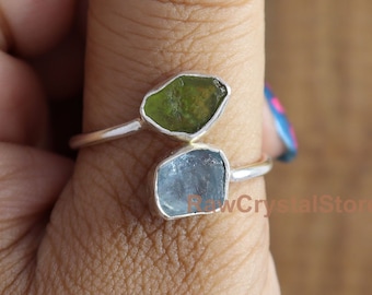 Raw Peridot Aquamarine Ring, Sterling Silver Adjustable Double Stone Ring