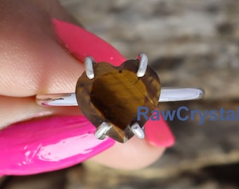 Tiger's Eye Heart Ring, Faceted Gemstone, 925 Sterling Silver