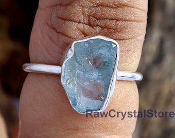 Raw Aquamarine 925 Sterling Silver Ring, Bezel Setting