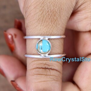 Blue Copper Turquoise Ring: Sterling Silver Double Band, Bohemian Style
