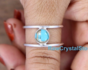 Blue Copper Turquoise Ring: Sterling Silver Double Band, Bohemian Style