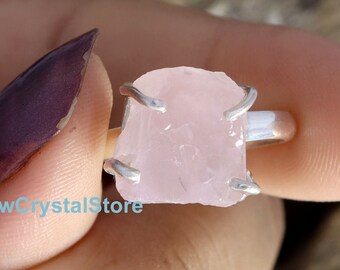 Raw Rose Quartz Ring: 925 Sterling Silver Healing Crystal Solitaire