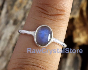 Handmade Labradorite Sterling Silver Ring, Blue Fire Stone, Midi Ring