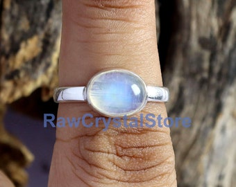 Moonstone Ring, Sterling Silver Ring, Blue Flash Ring,Rainbow Moonstone Ring, Blue Moonstone Ring, horizontal Gemstone Ring, Birthstone Ring