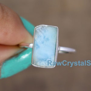 Raw Larimar Ring, Natural Larimar Rough Ring, Sterling Silver Ring, Healing Larimar Raw Crystal Ring, Summer Ring for Women, Handmade Ring