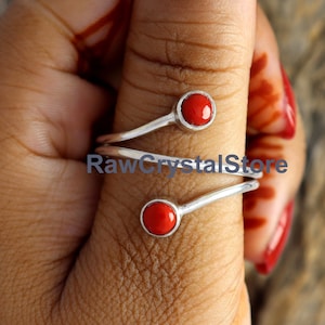 Red Coral Ring, Coral Silver Ring, Gemstone Ring, Sterling Silver Ring, Double Stone Ring, Wedding Ring, Birthstone Ring, Anniversary Gift
